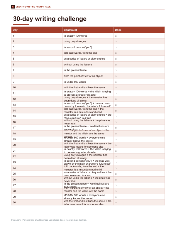 Preview of 30-Day Writing Challenge Printable